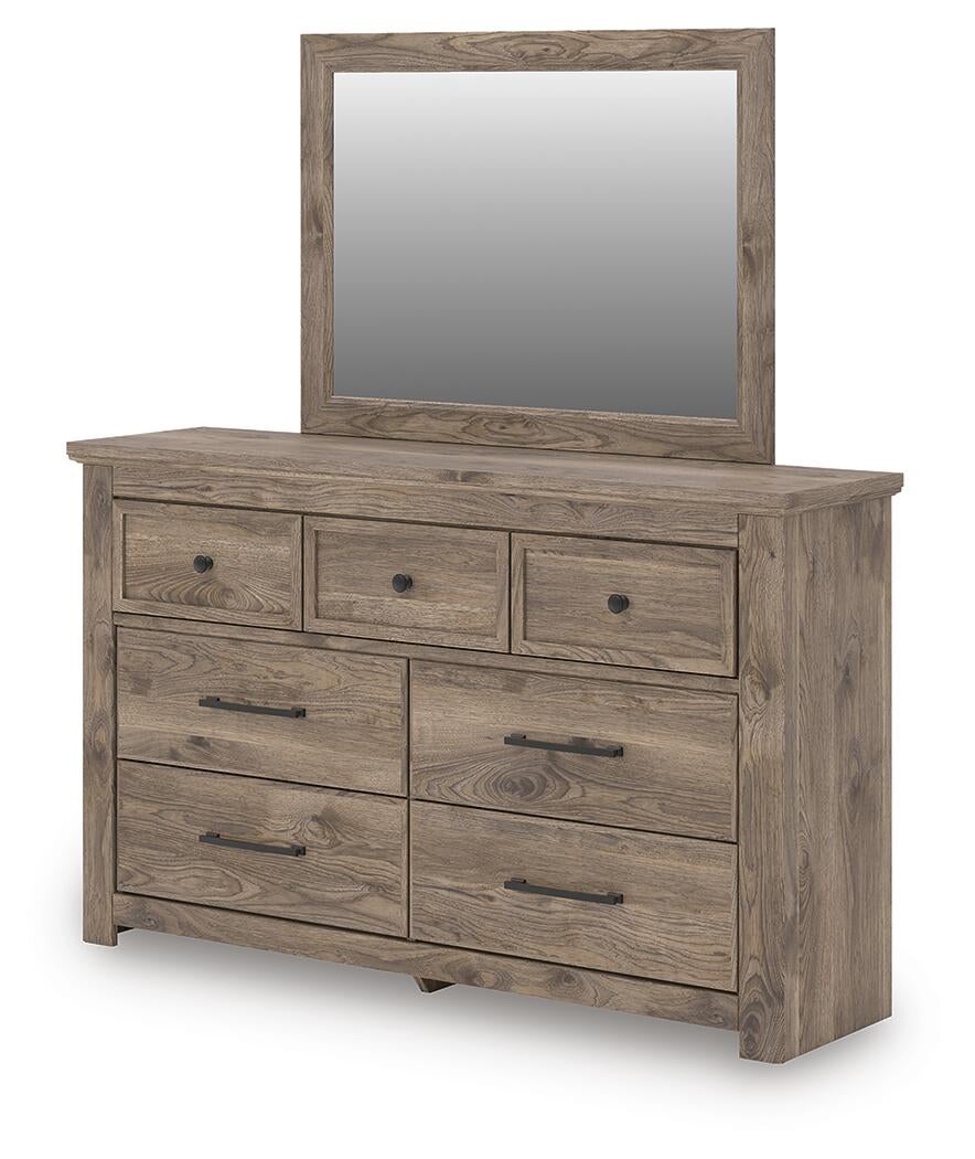 Rusticott Queen Poster Bed with Mirrored Dresser and Nightstand
