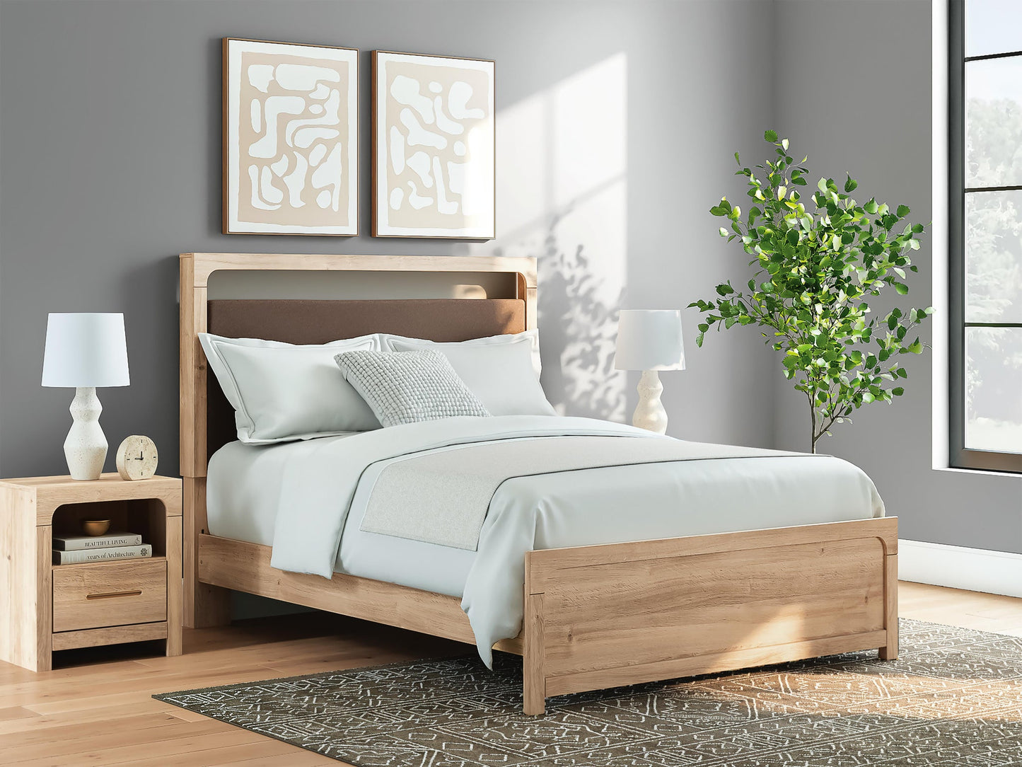 Kinlanni Queen Upholstered Platform Bed, Dresser and Mirror
