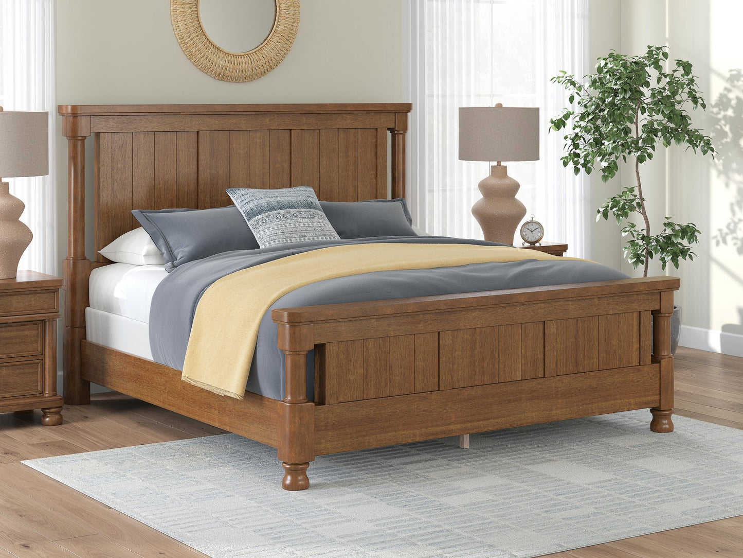 Rowlenstown King Poster Bed with Mirrored Dresser