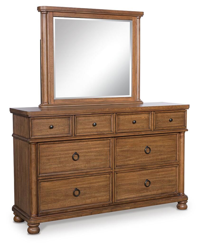 Rowlenstown California King Poster Bed with Mirrored Dresser and Nightstand