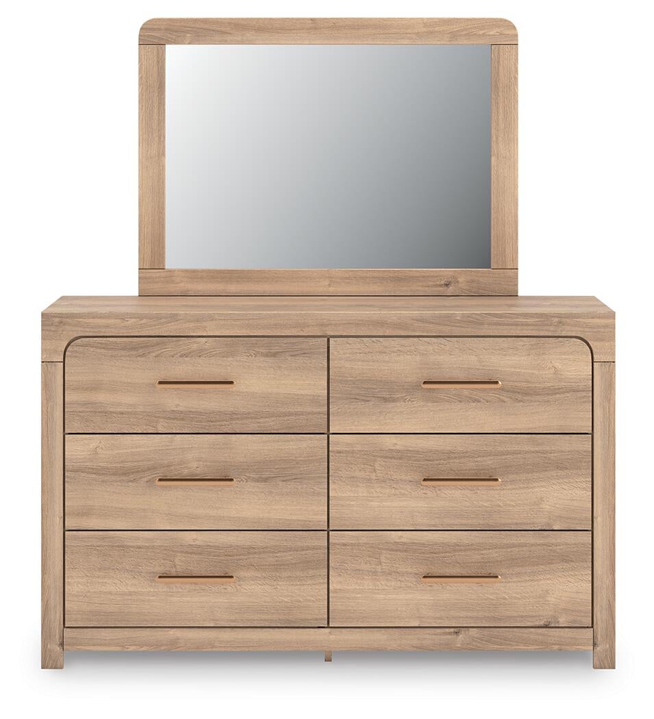 Kinlanni King Upholstered Panel Bed, Dresser and Mirror