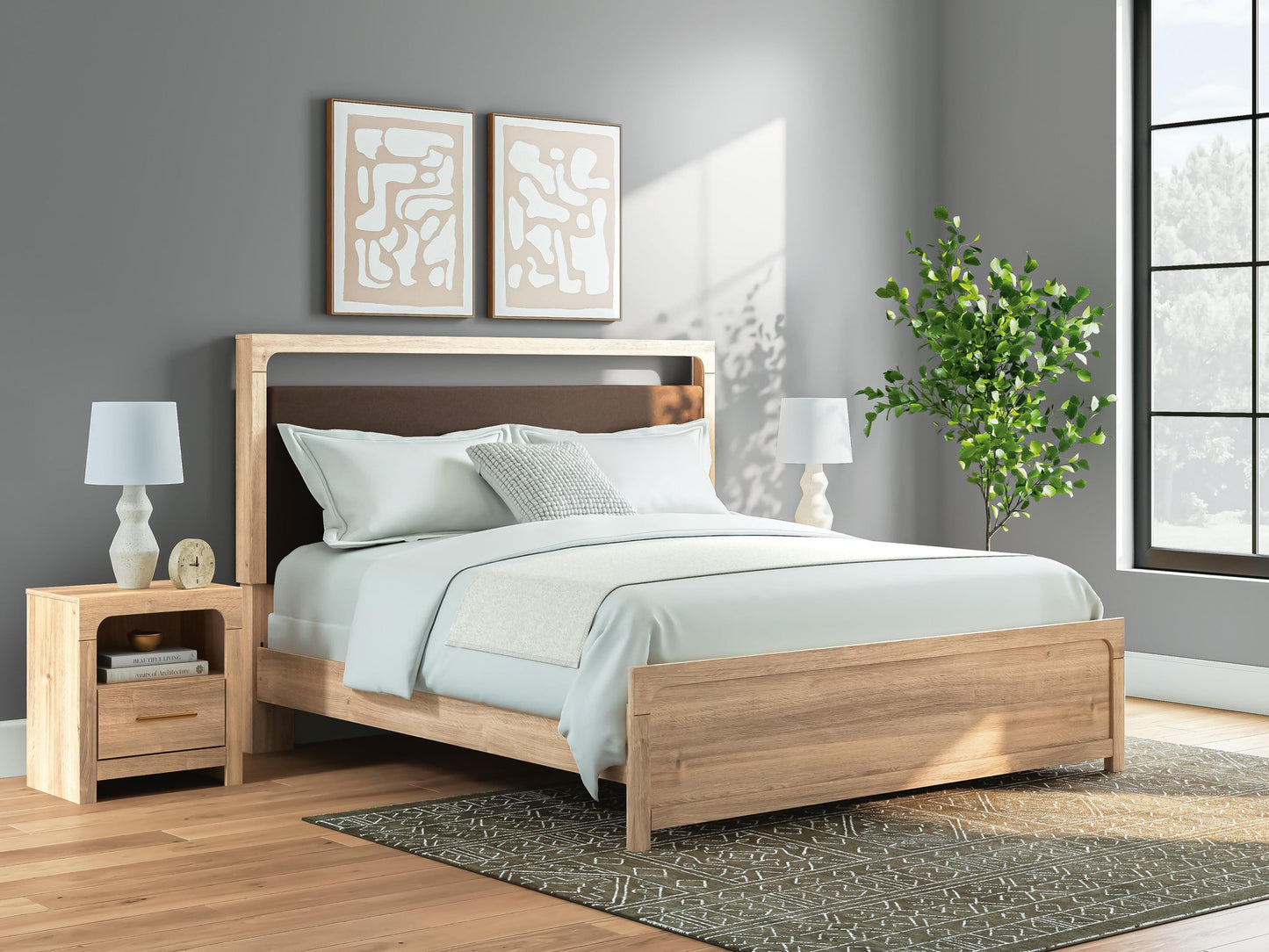 Kinlanni King Upholstered Panel Bed, Dresser and Mirror