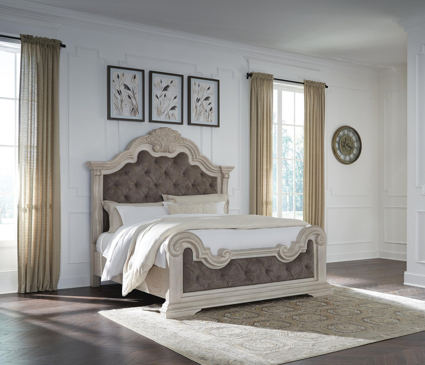 Bruchandi California King Upholstered Panel Bed with Mirrored Dresser and Nightstand