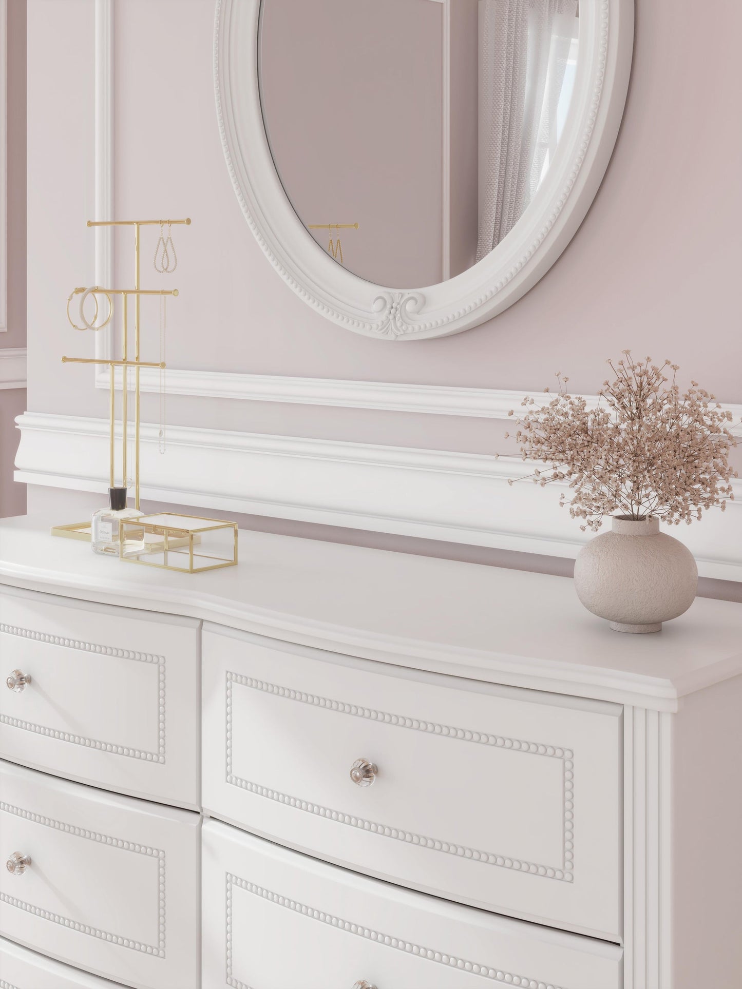 Kozlani Full Upholstered Panel Bed, Dresser and Mirror