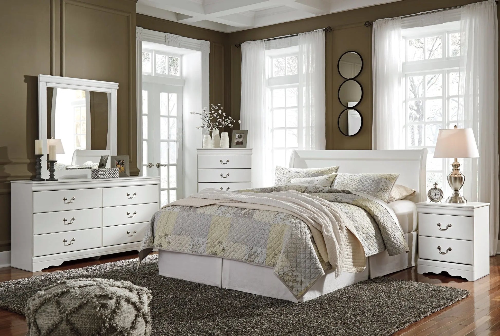 Anarasia Queen Sleigh Headboard with Mirrored Dresser, Chest and 2 Nightstands Premier Furniture & Mattress