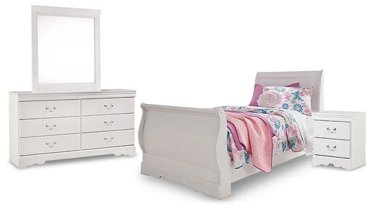 Anarasia Twin Sleigh Bed with Mirrored Dresser and Nightstand Premier Furniture & Mattress
