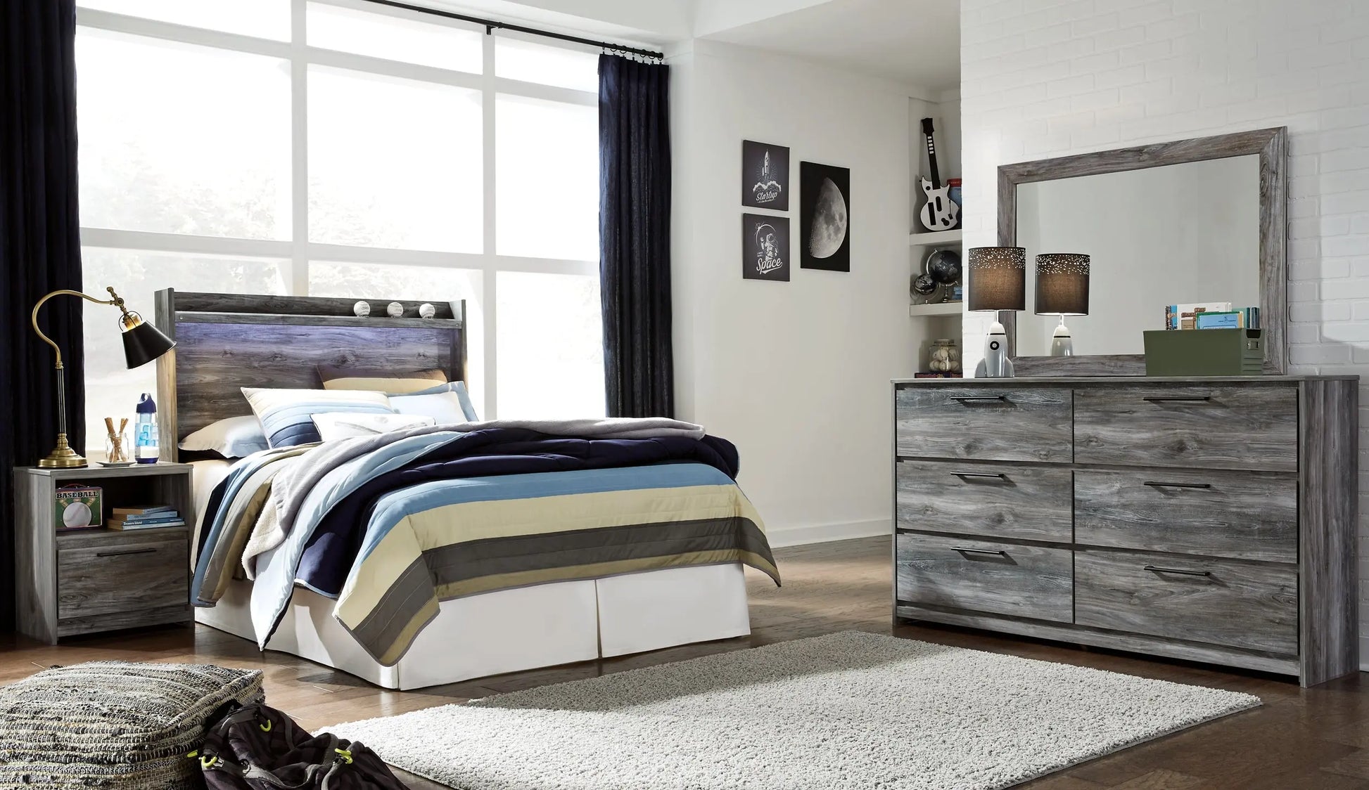 Baystorm Full Panel Headboard with Mirrored Dresser and Nightstand Premier Furniture & Mattress
