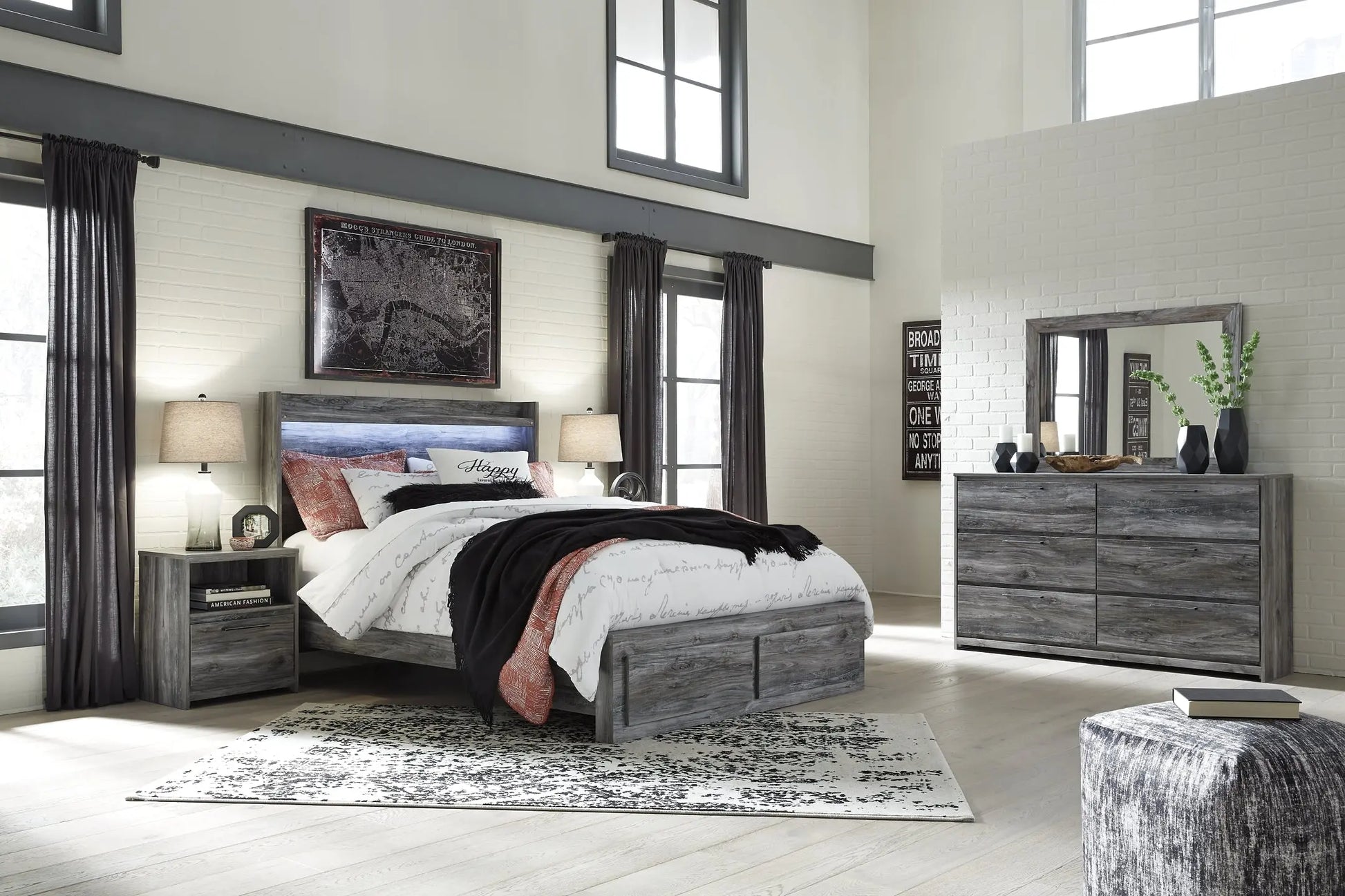 Baystorm Queen Panel Bed with 2 Storage Drawers with Mirrored Dresser and Nightstand - Premier Furniture & Mattress
