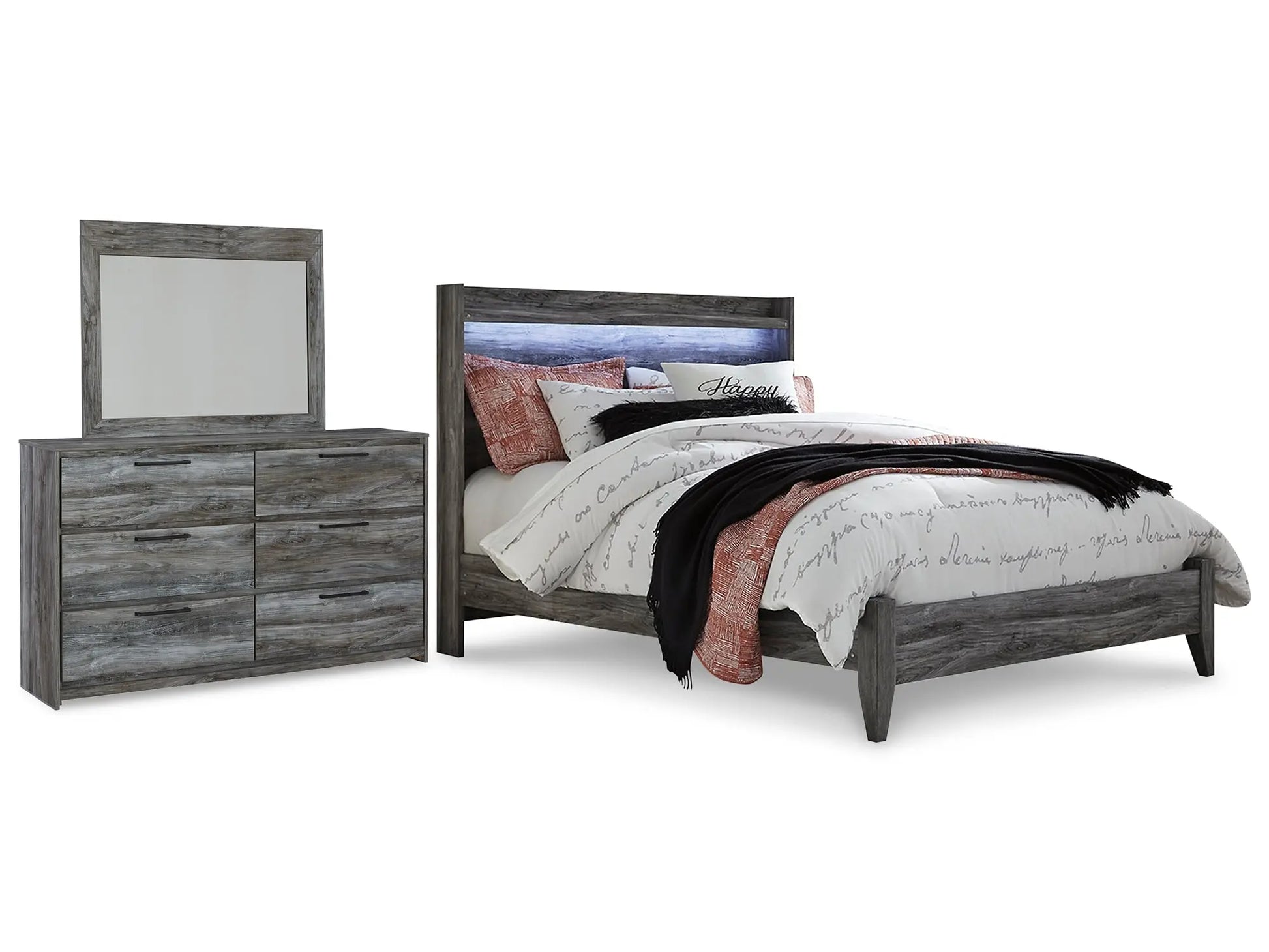 Baystorm Queen Panel Bed with Mirrored Dresser - Premier Furniture & Mattress
