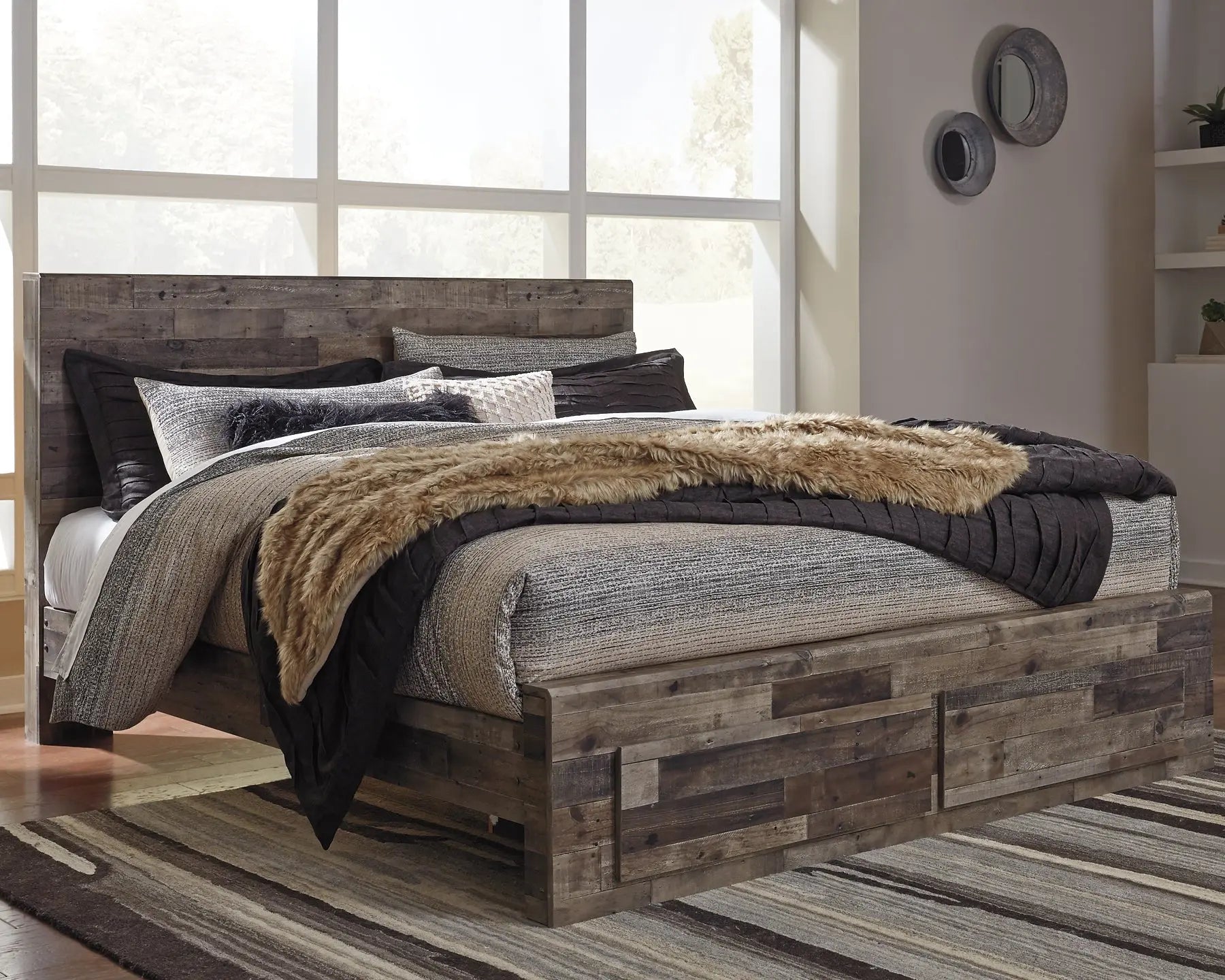 Derekson King Panel Bed with 2 Storage Drawers with Mirrored Dresser Premier Furniture & Mattress