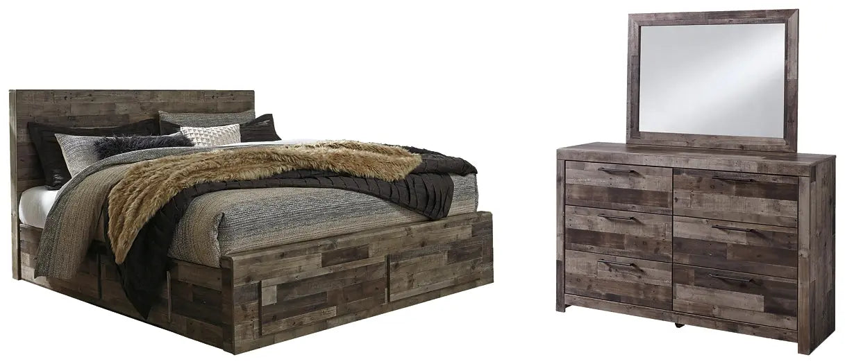 Derekson King Panel Bed with 2 Storage Drawers with Mirrored Dresser Premier Furniture & Mattress