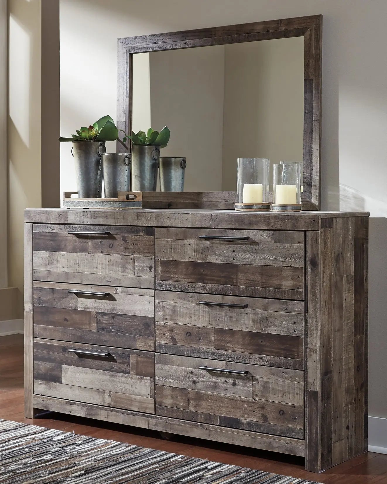 Derekson King Panel Bed with 2 Storage Drawers with Mirrored Dresser Premier Furniture & Mattress