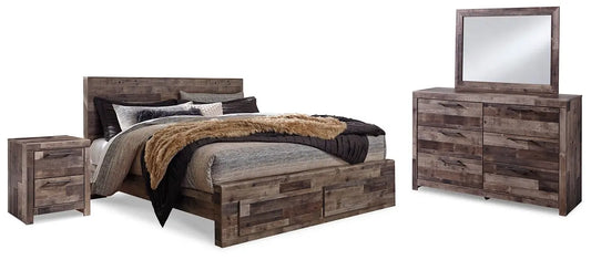 Derekson King Panel Bed with 2 Storage Drawers with Mirrored Dresser and Nightstand Premier Furniture & Mattress