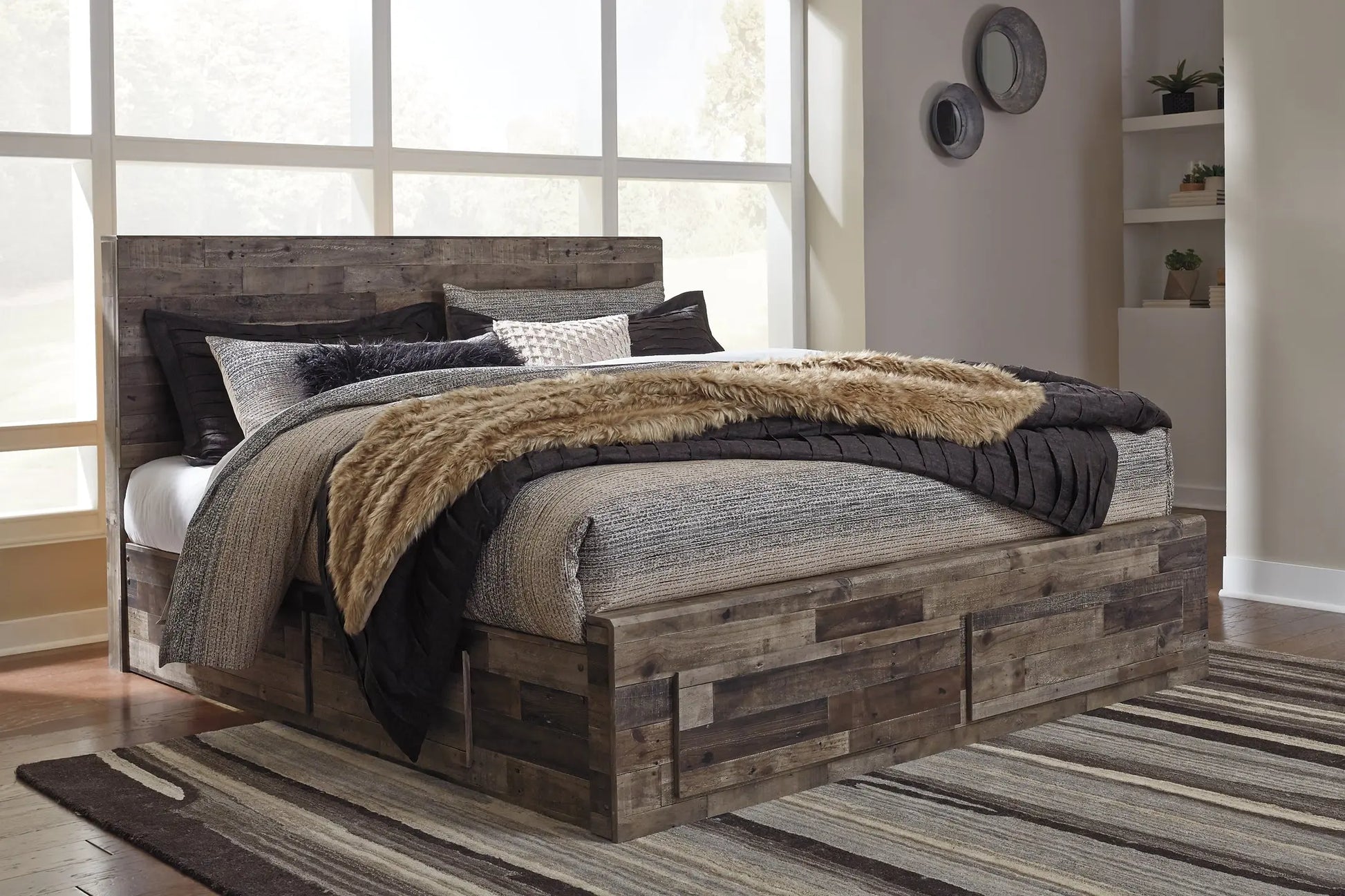Derekson King Panel Bed with 4 Storage Drawers with Mirrored Dresser Premier Furniture & Mattress