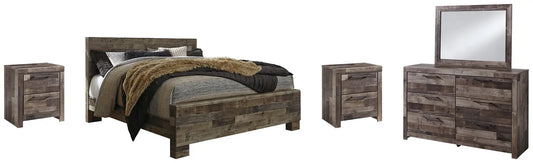 Derekson King Panel Bed with Mirrored Dresser and 2 Nightstands Premier Furniture & Mattress