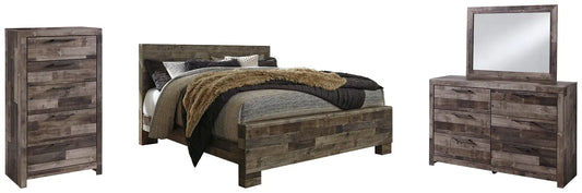 Derekson King Panel Bed with Mirrored Dresser and Chest Premier Furniture & Mattress