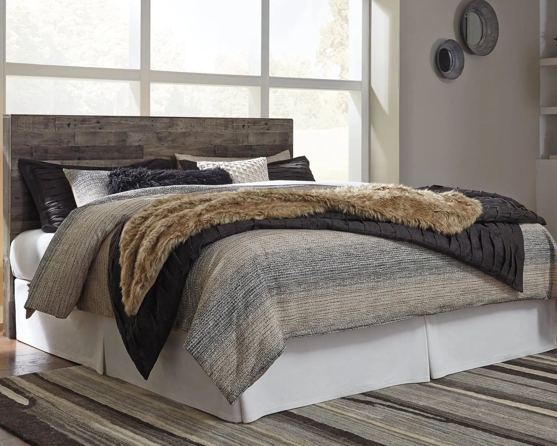 Derekson King Panel Headboard with Mirrored Dresser and Chest Premier Furniture & Mattress