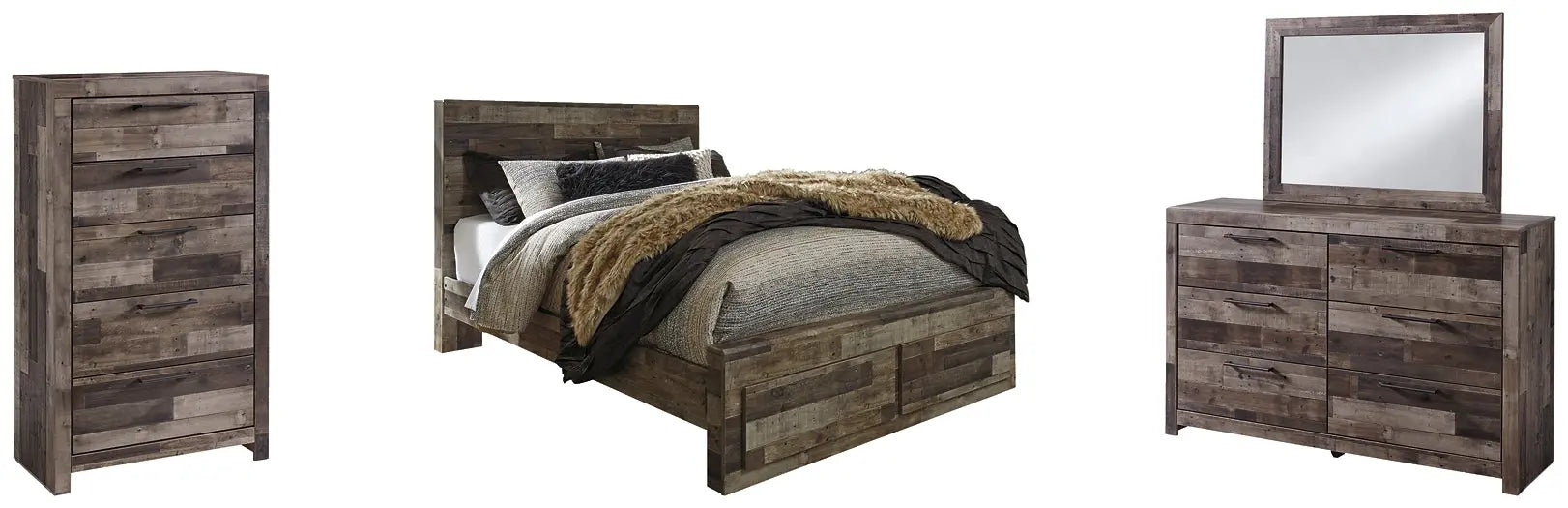 Derekson Queen Panel Bed with 2 Storage Drawers with Mirrored Dresser and Chest Premier Furniture & Mattress
