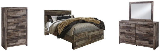 Derekson Queen Panel Bed with 2 Storage Drawers with Mirrored Dresser and Chest Premier Furniture & Mattress