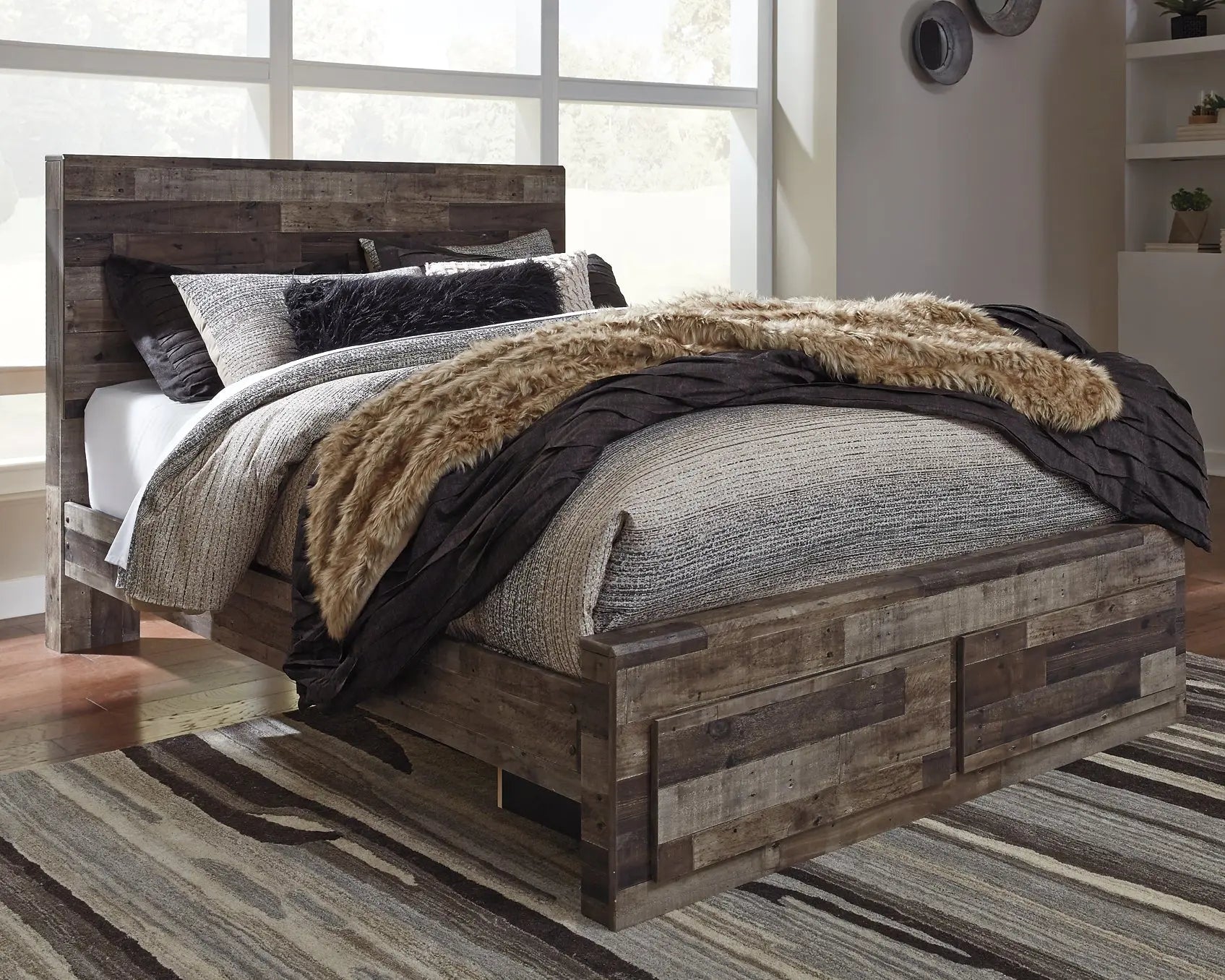 Derekson Queen Panel Bed with 2 Storage Drawers with Mirrored Dresser and Chest Premier Furniture & Mattress