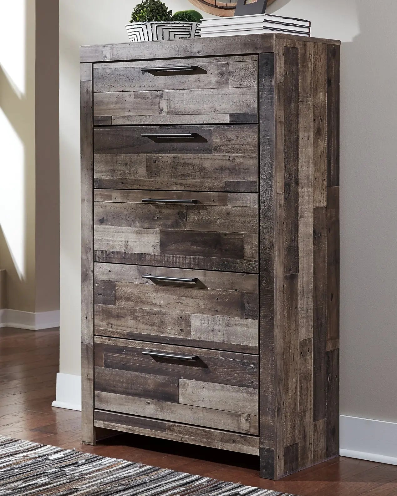Derekson Queen Panel Bed with 2 Storage Drawers with Mirrored Dresser and Chest Premier Furniture & Mattress