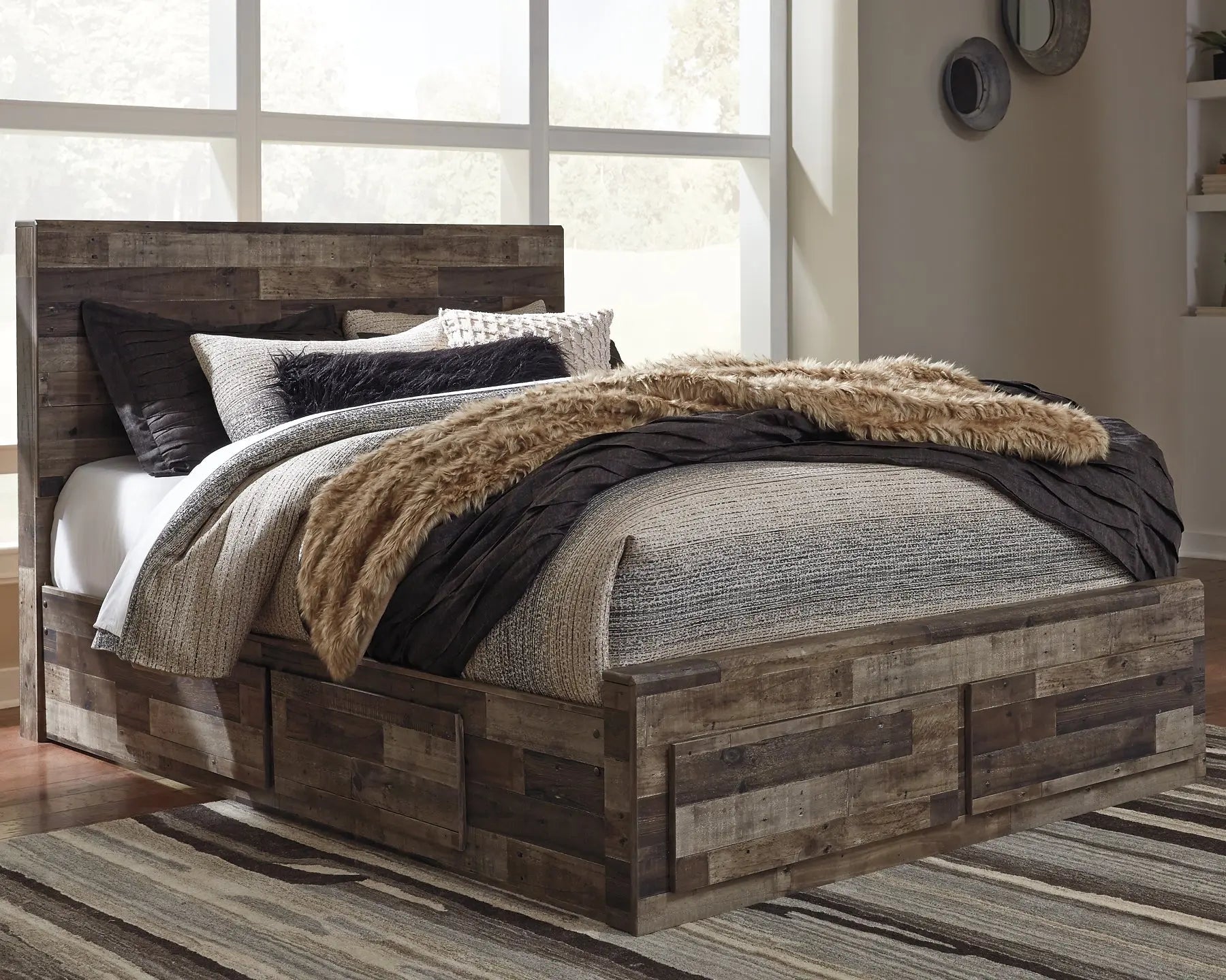 Derekson Queen Panel Bed with 4 Storage Drawers with Mirrored Dresser - Premier Furniture & Mattress