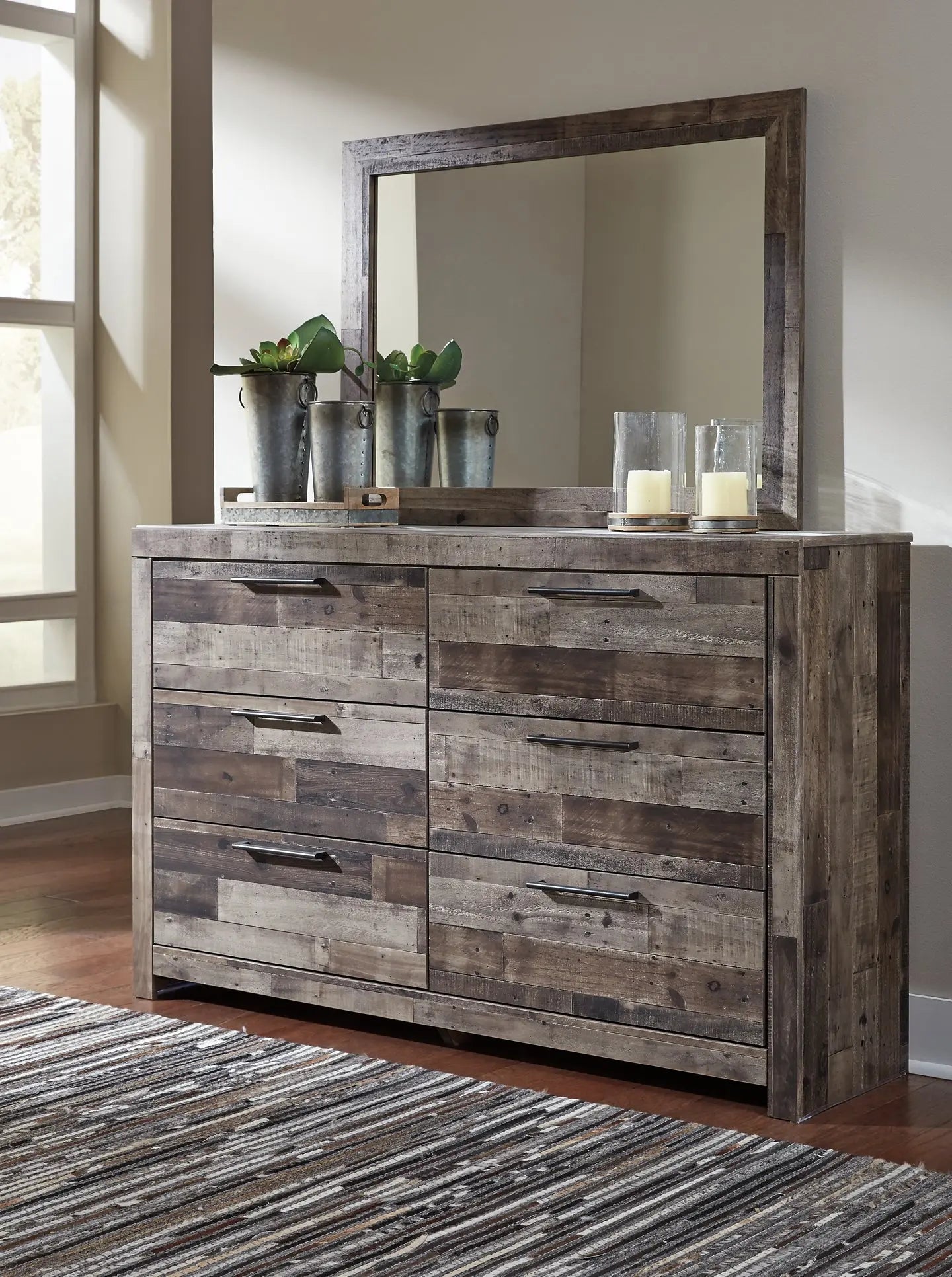 Derekson Queen Panel Bed with 6 Storage Drawers with Mirrored Dresser Premier Furniture & Mattress