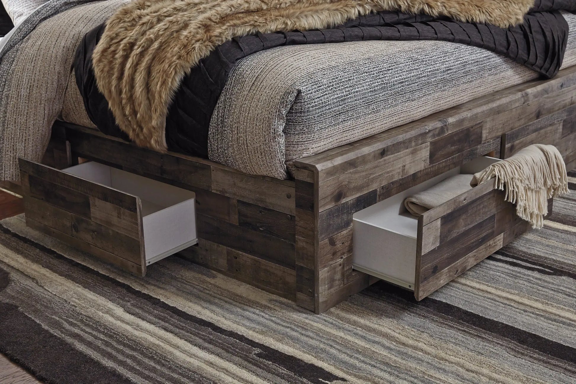 Derekson Queen Panel Bed with 6 Storage Drawers with Mirrored Dresser Premier Furniture & Mattress