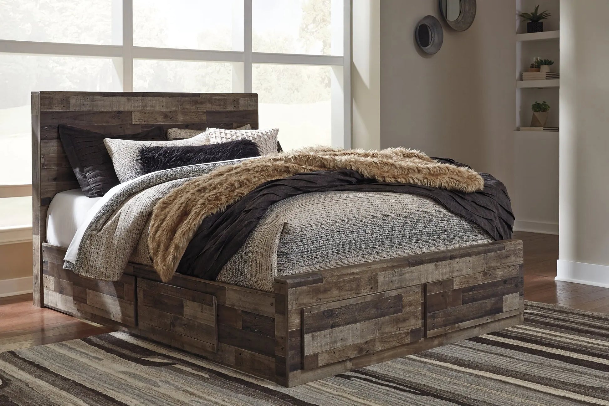 Derekson Queen Panel Bed with 6 Storage Drawers with Mirrored Dresser Premier Furniture & Mattress