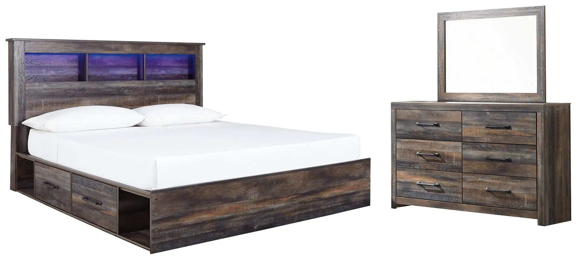 Drystan King Bookcase Bed with 2 Storage Drawers with Mirrored Dresser Premier Furniture & Mattress