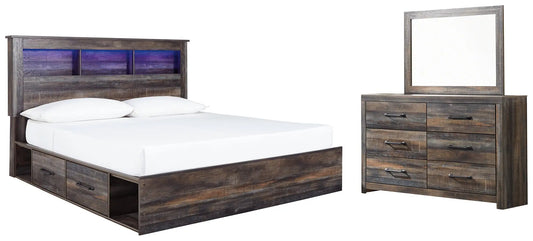 Drystan King Bookcase Bed with 2 Storage Drawers with Mirrored Dresser Premier Furniture & Mattress