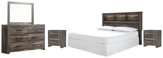 Drystan King/California King Bookcase Headboard with Mirrored Dresser and 2 Nightstands Premier Furniture & Mattress