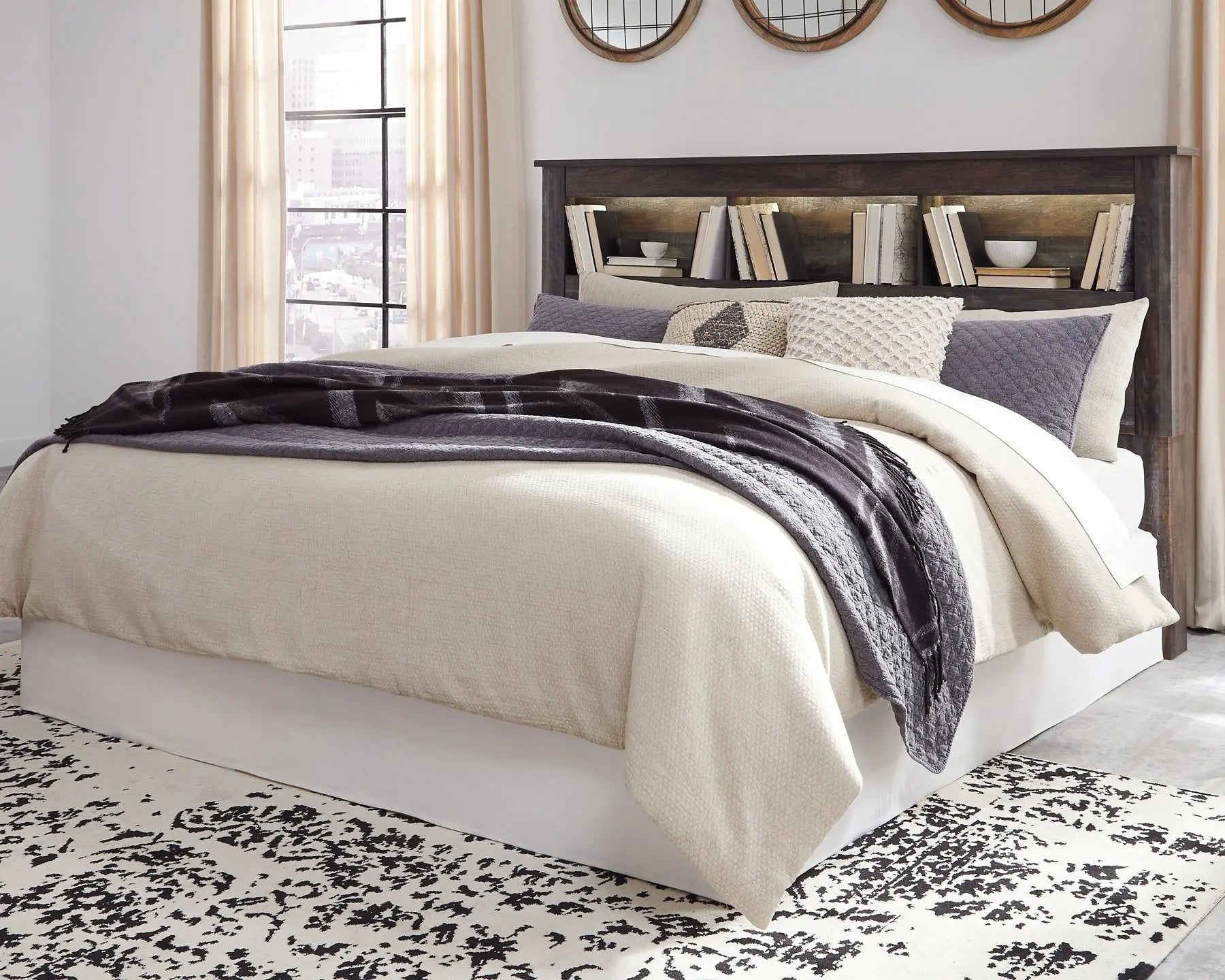 Drystan King/California King Bookcase Headboard with Mirrored Dresser and Chest Premier Furniture & Mattress