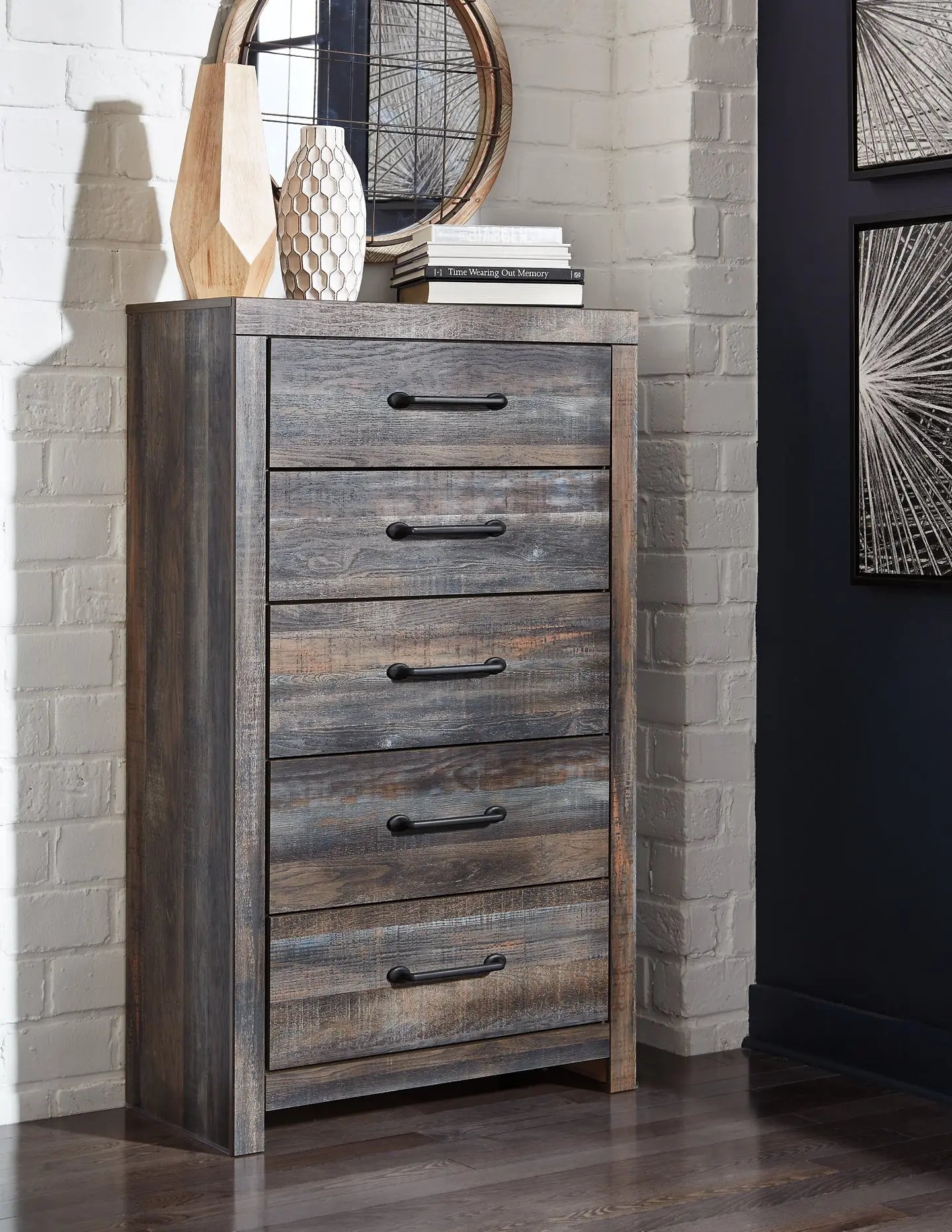 Drystan King/California King Bookcase Headboard with Mirrored Dresser and Chest Premier Furniture & Mattress