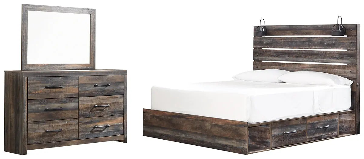Drystan King Panel Bed with 2 Storage Drawers with Mirrored Dresser Premier Furniture & Mattress