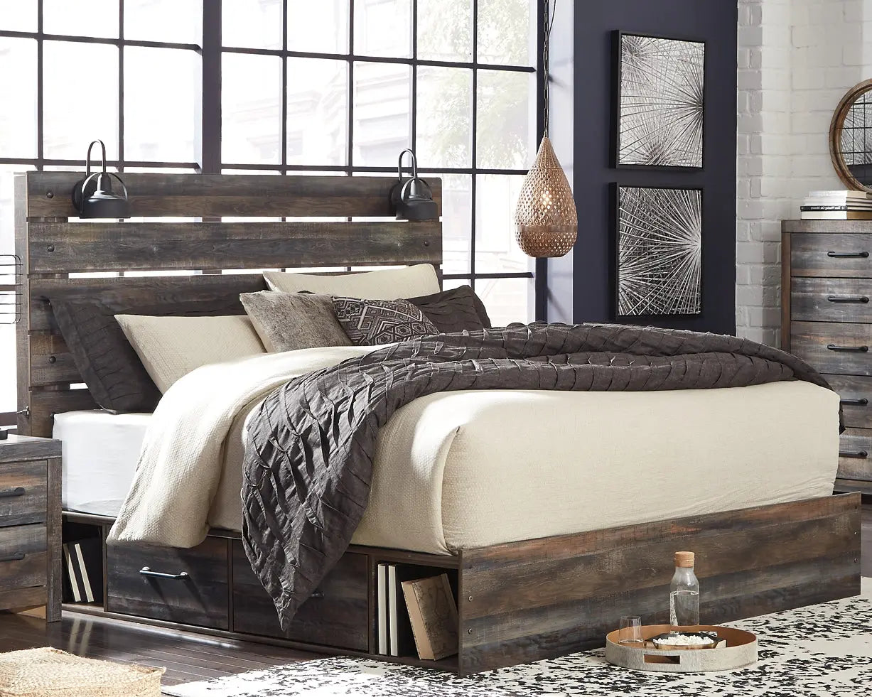Drystan King Panel Bed with 2 Storage Drawers with Mirrored Dresser Premier Furniture & Mattress