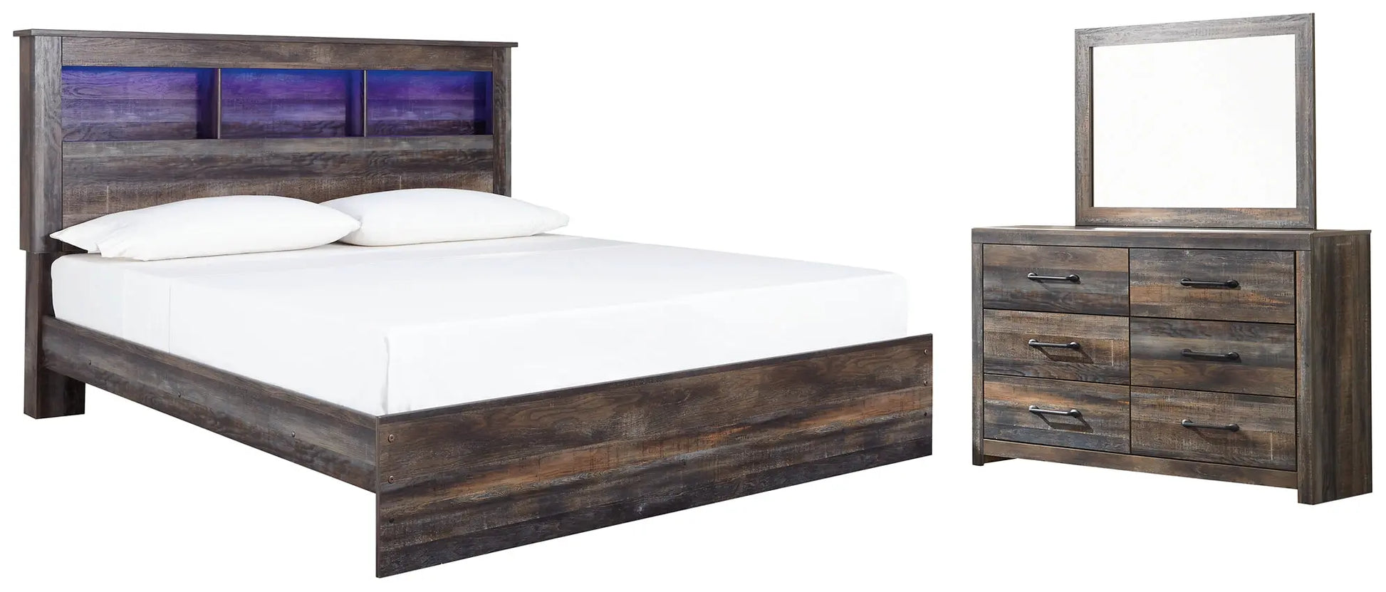 Drystan King Panel Bookcase Bed with Mirrored Dresser Premier Furniture & Mattress