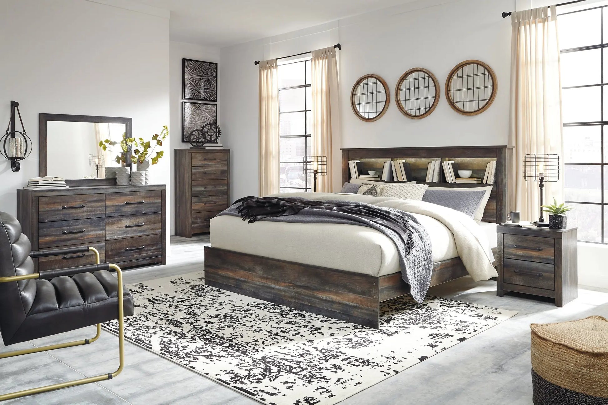 Drystan King Panel Bookcase Bed with Mirrored Dresser Premier Furniture & Mattress