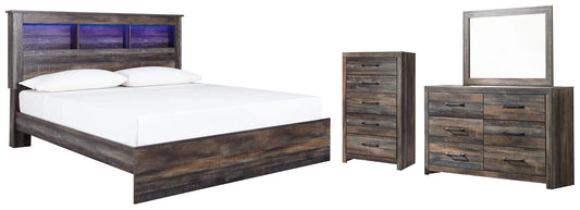 Drystan King Panel Bookcase Bed with Mirrored Dresser and Chest Premier Furniture & Mattress