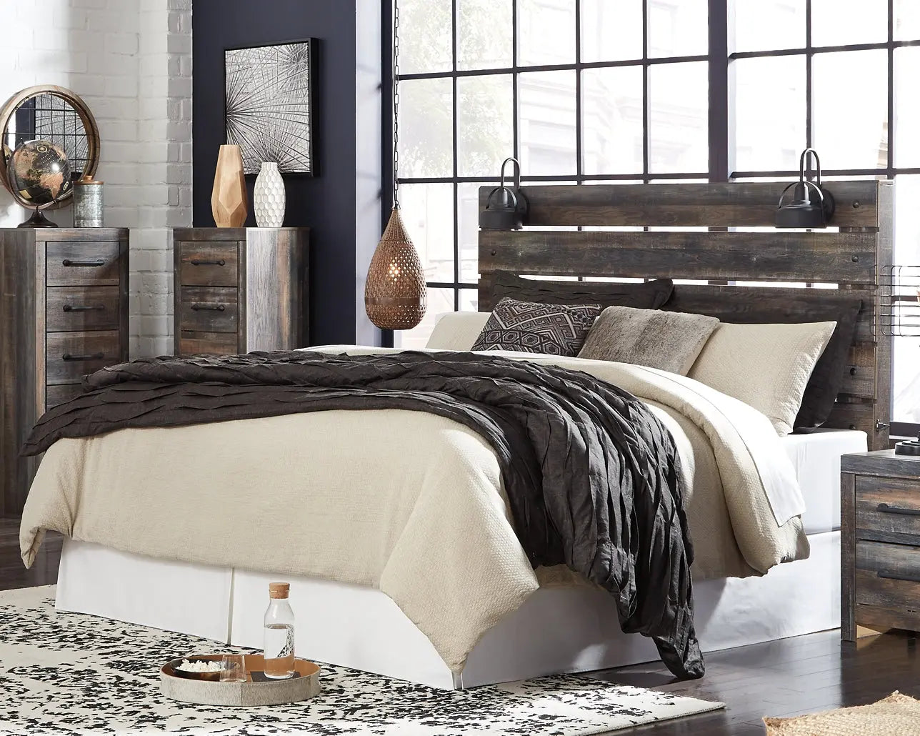 Drystan King Panel Headboard with Mirrored Dresser and Chest Premier Furniture & Mattress