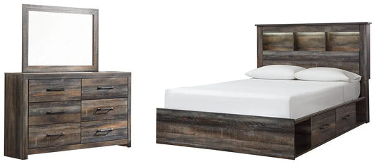 Drystan Queen Bookcase Bed with 2 Storage Drawers with Mirrored Dresser Premier Furniture & Mattress