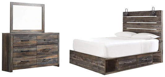 Drystan Queen Panel Bed with 2 Storage Drawers with Mirrored Dresser Premier Furniture & Mattress