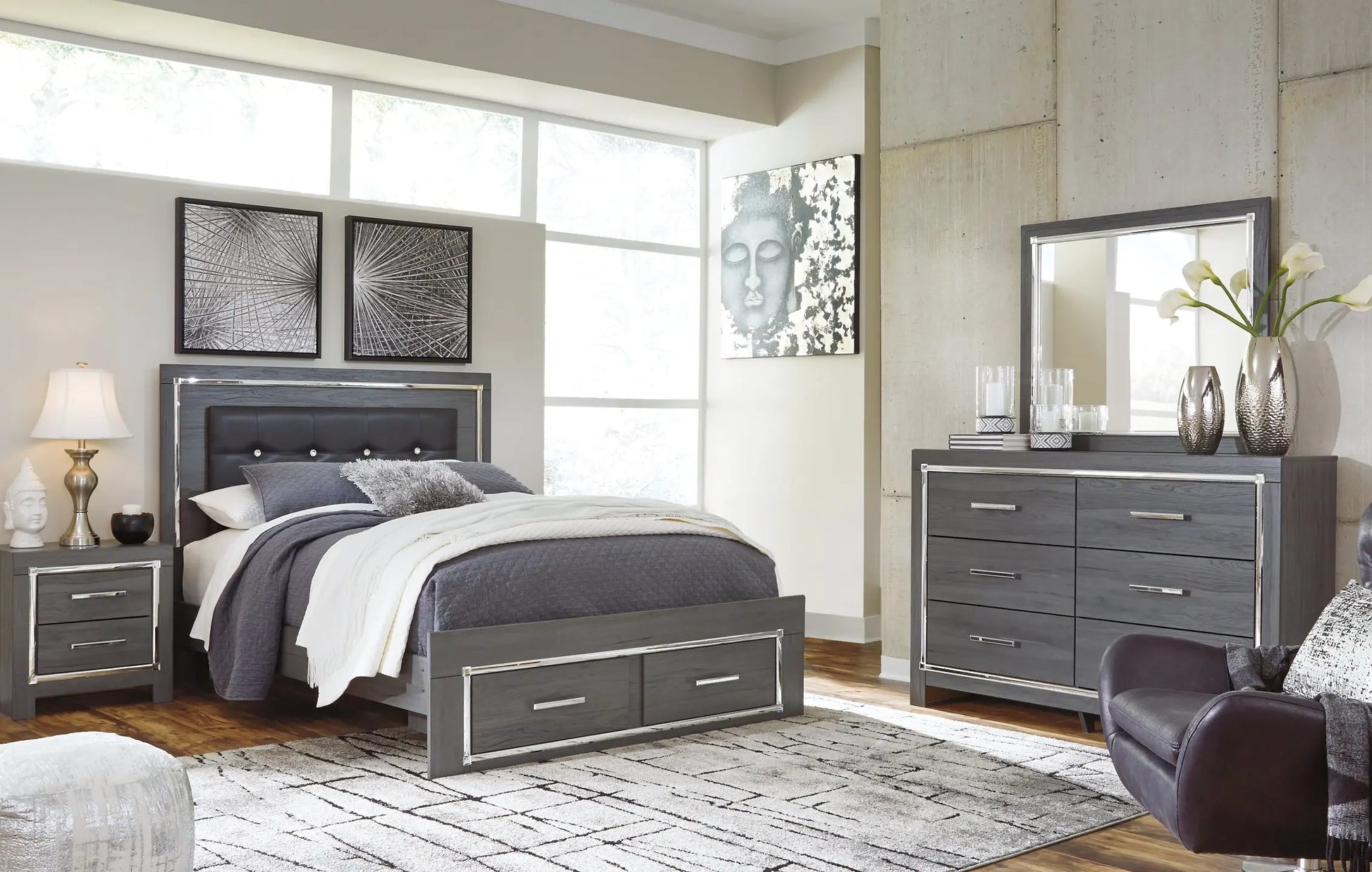 Lodanna Queen Panel Bed with 2 Storage Drawers with Mirrored Dresser Premier Furniture & Mattress