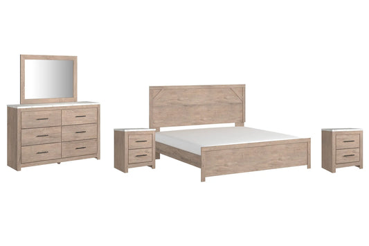 Senniberg King Panel Bed with Mirrored Dresser and 2 Nightstands Premier Furniture & Mattress