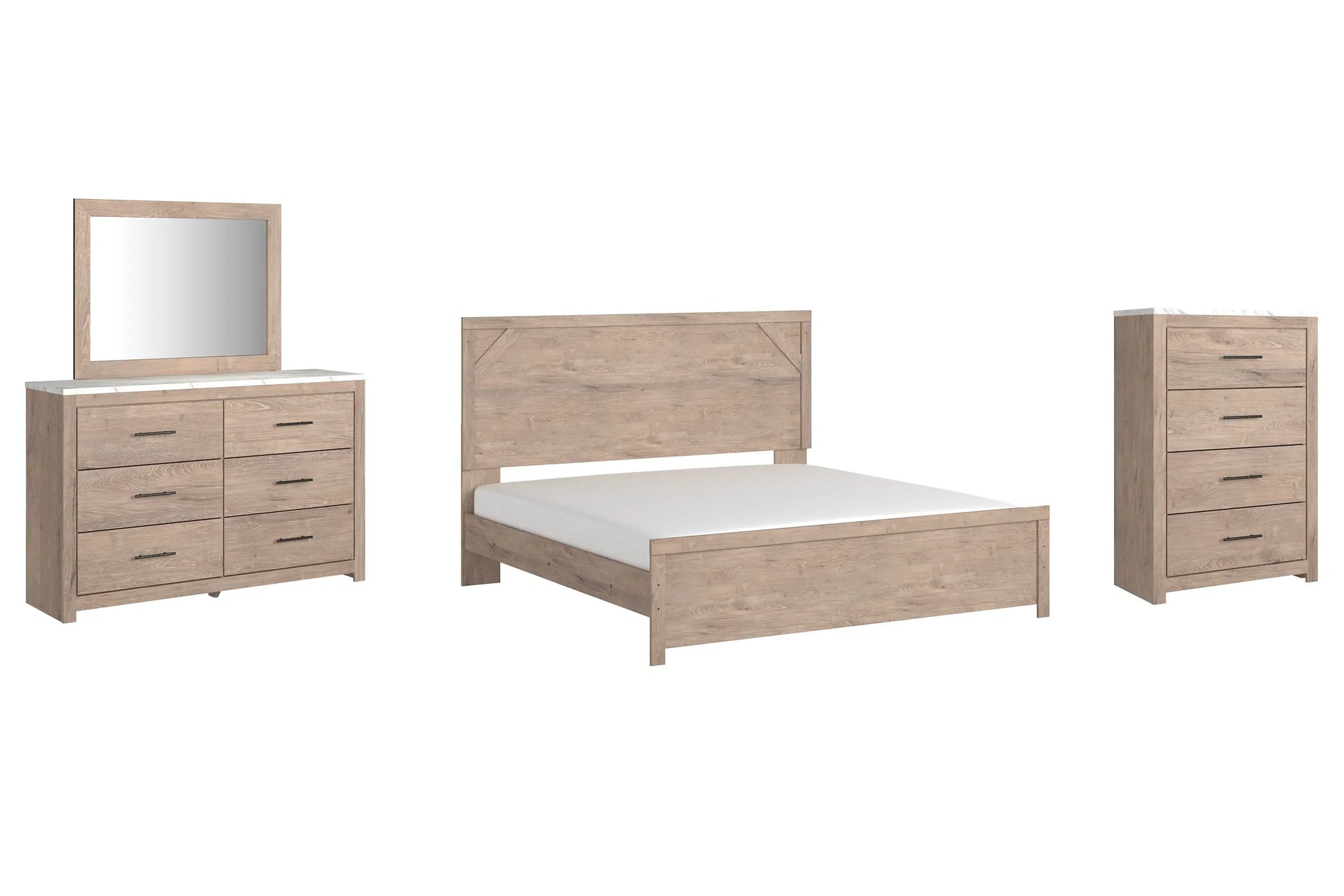 Senniberg King Panel Bed with Mirrored Dresser and Chest Premier Furniture & Mattress