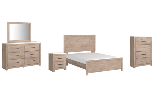 Senniberg Queen Panel Bed with Mirrored Dresser, Chest and Nightstand Premier Furniture & Mattress