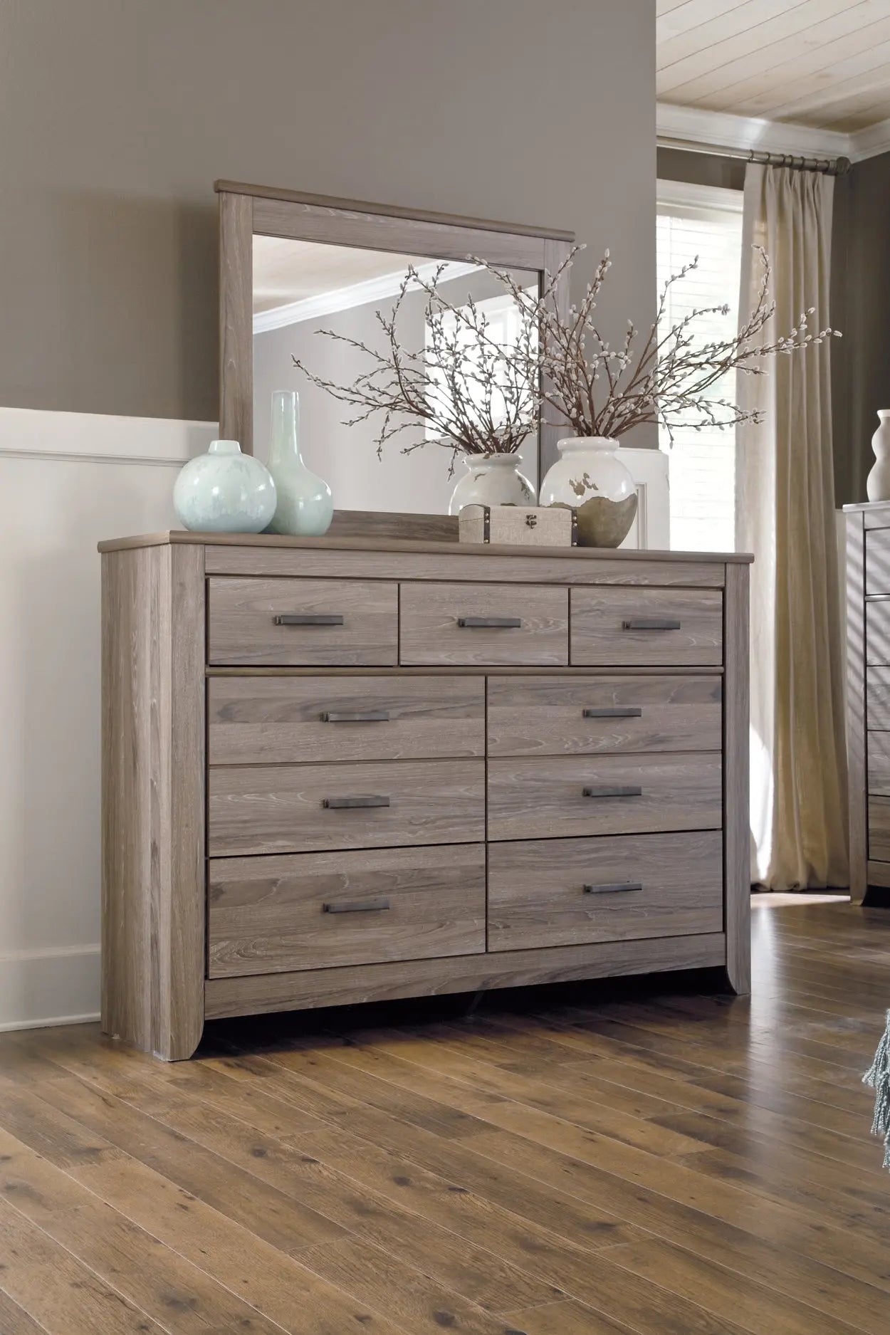 Zelen Queen Panel Bed with Mirrored Dresser Premier Furniture & Mattress