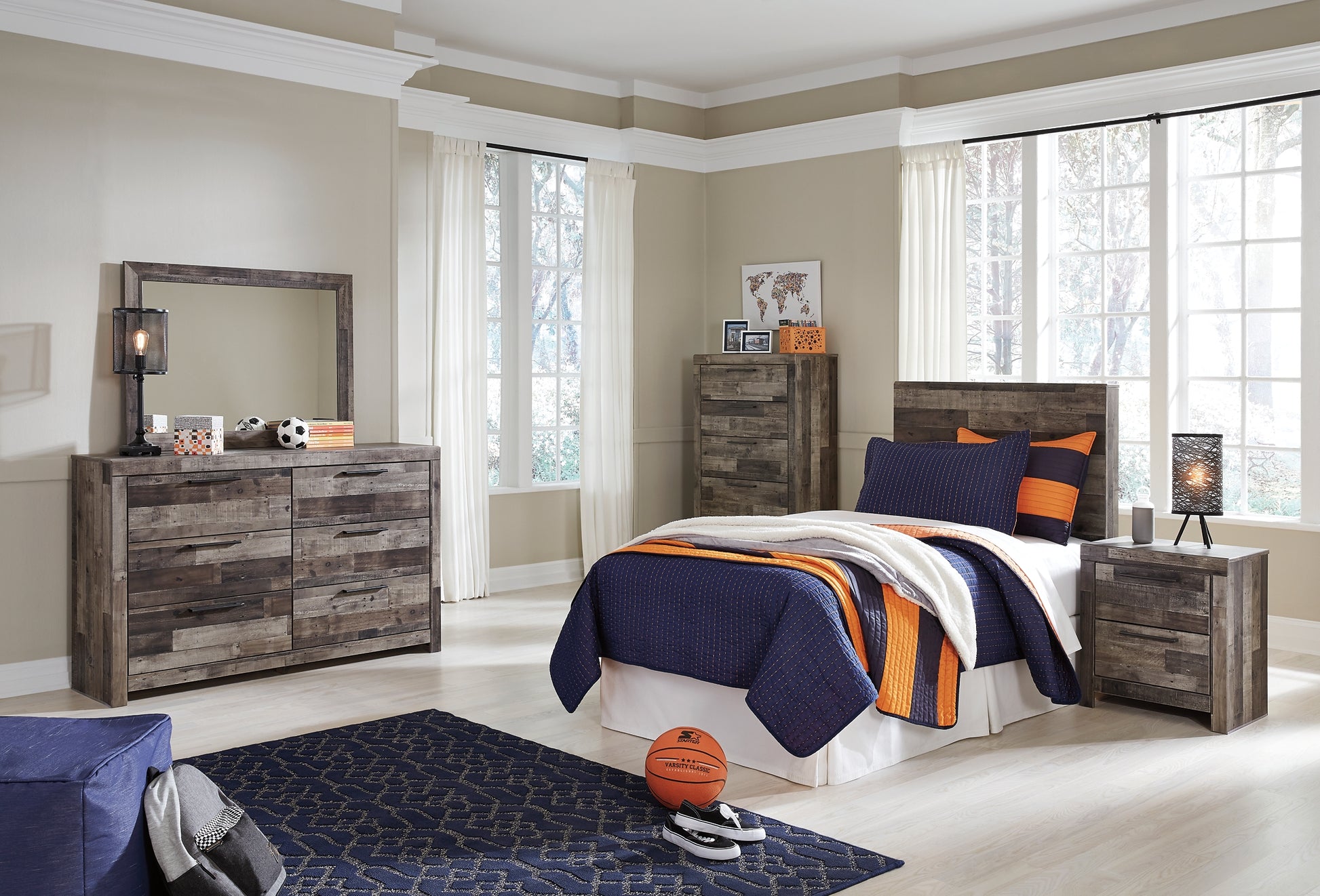 Derekson Twin Panel Headboard with Mirrored Dresser, Chest and Nightstand - Premier Furniture & Mattress