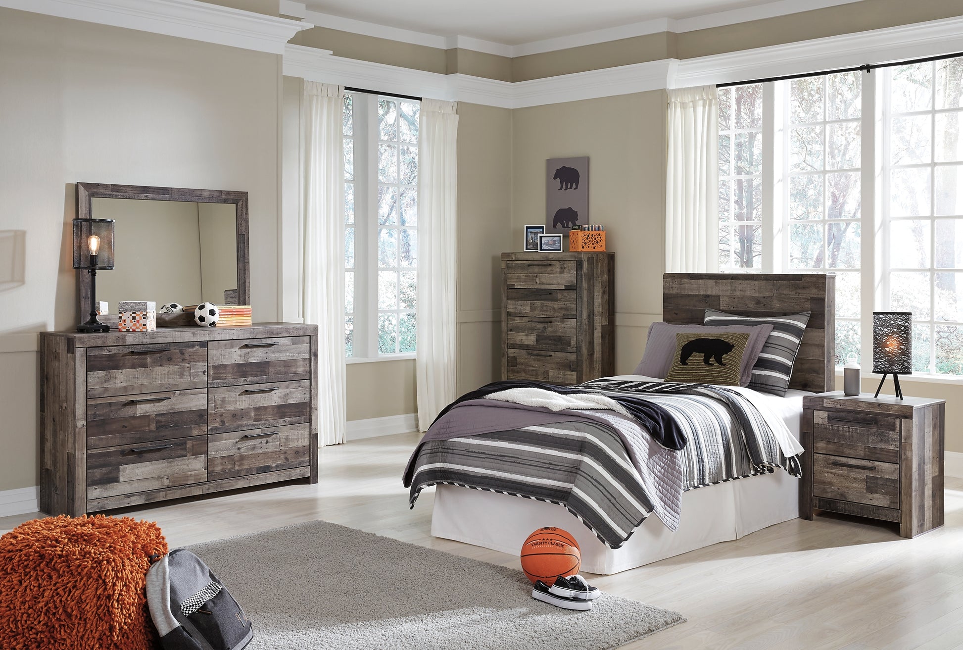 Derekson Twin Panel Headboard with Mirrored Dresser, Chest and Nightstand - Premier Furniture & Mattress