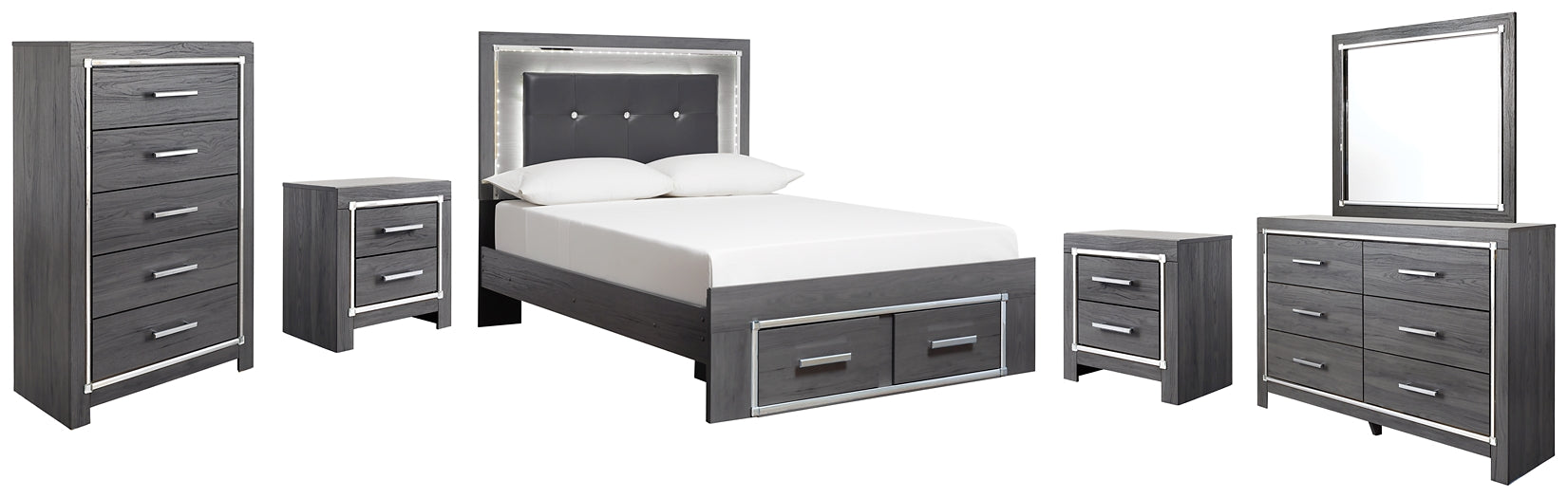 Lodanna Full Panel Bed with 2 Storage Drawers with Mirrored Dresser, Chest and 2 Nightstands - Premier Furniture & Mattress